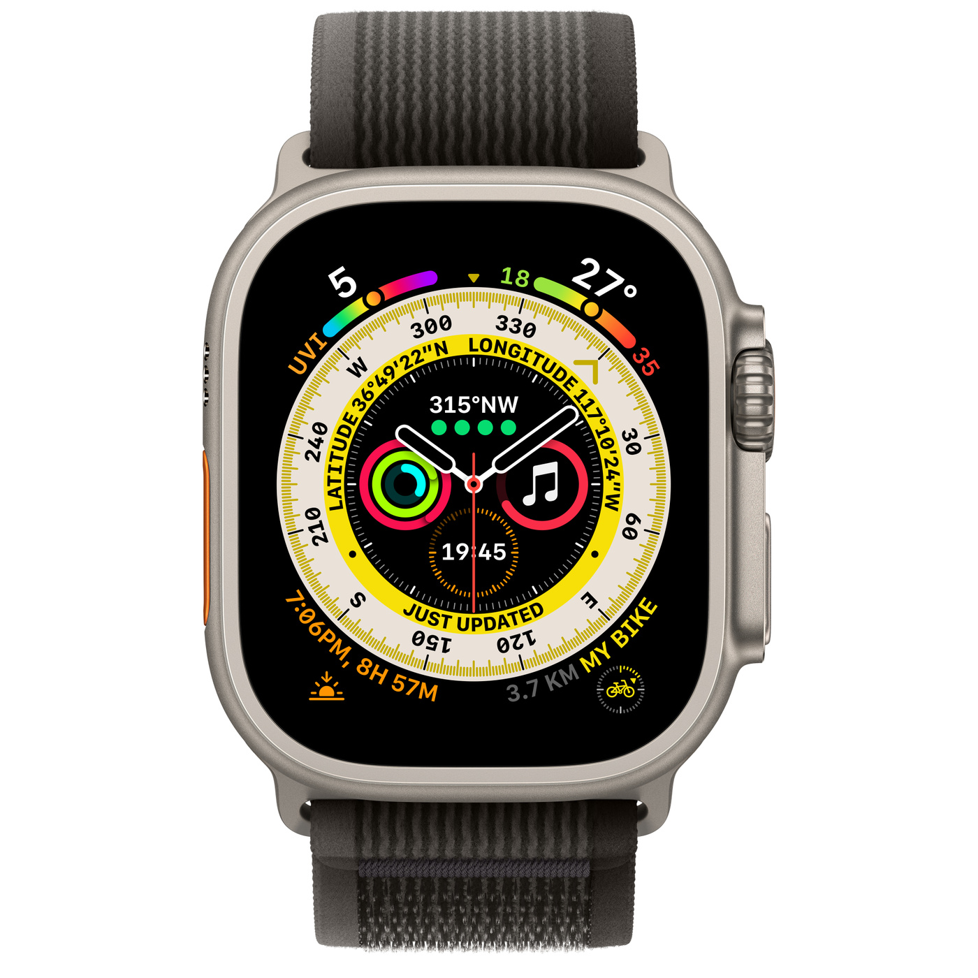 Apple (MQFX3HN/A) Watch Ultra GPS + Cellular, 49mm Titanium Case with Black/Gray Trail Loop -M/L